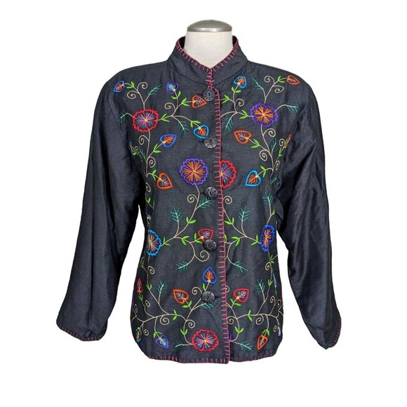 Vintage Womens Silk Blend Jacket Size Large Art to Wear Black Embroidered Floral - Picture 1 of 7